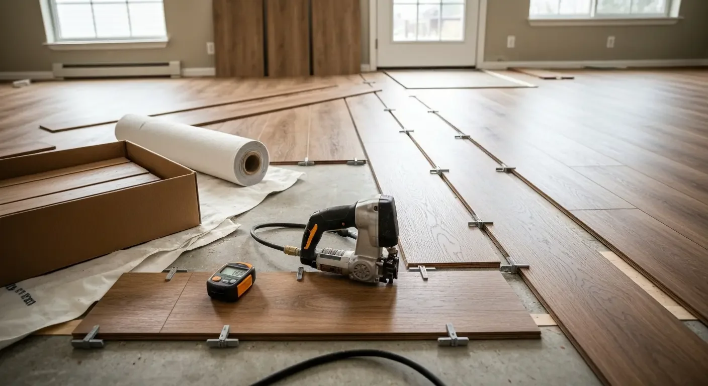LVP flooring installation with wood-grain planks, metal spacers, and pneumatic nailer on concrete subfloor