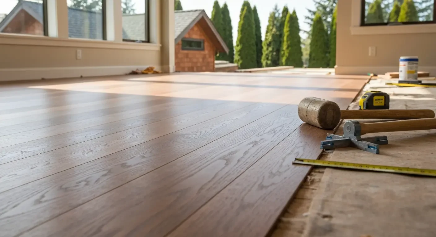 Hardwood flooring installation in progress with wood planks, measuring tape, and installation tools on subfloor