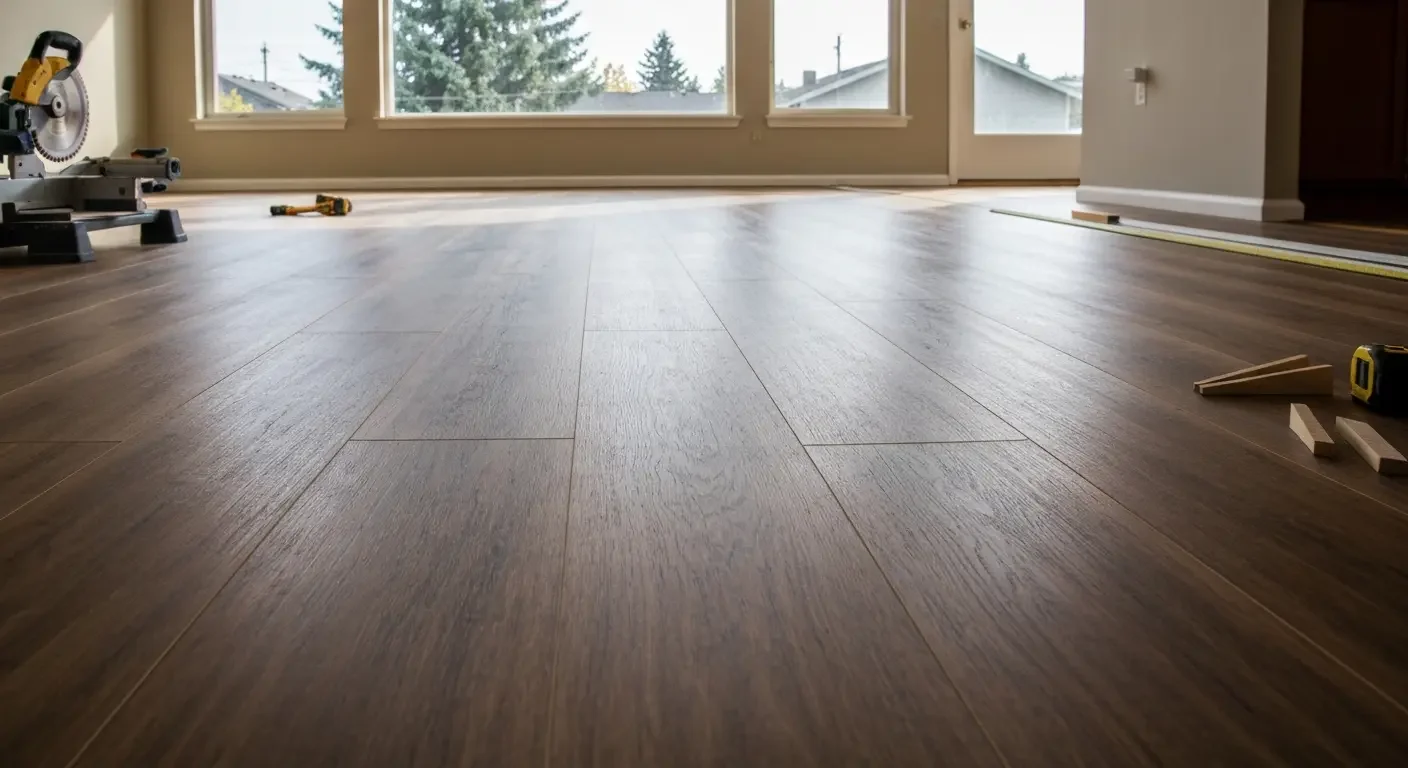 Wide-plank dark laminate flooring with straight seams in open room with large windows
