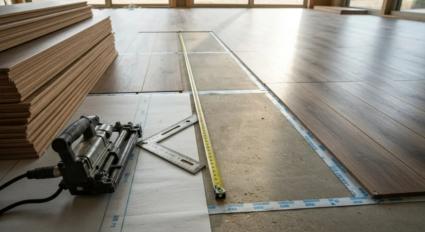 Laminate flooring installation with pneumatic nailer, measuring tape, and layout guides on subfloor