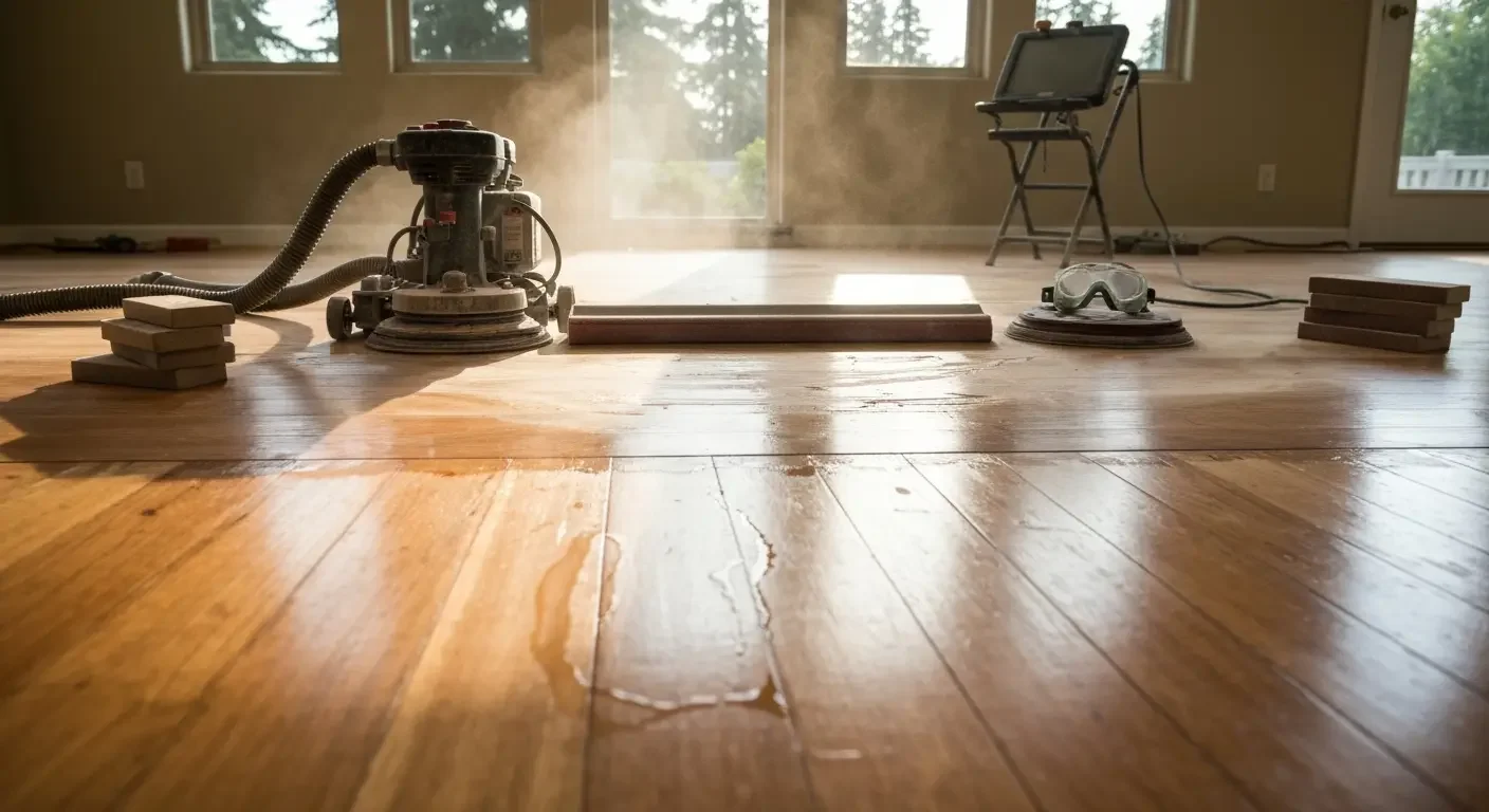Hardwood floor refinishing in progress with orbital sander and protective equipment on wood planks