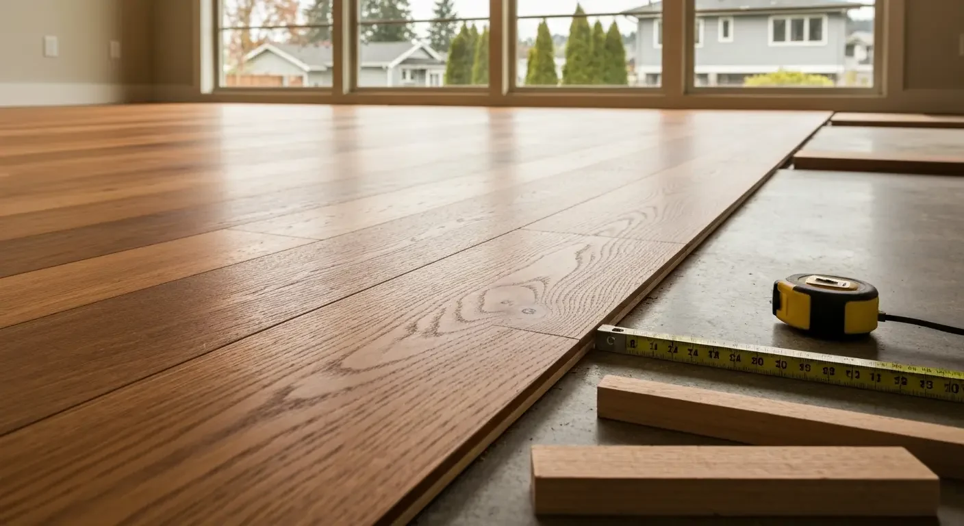 Engineered hardwood flooring installation with tape measure and tools on concrete subfloor
