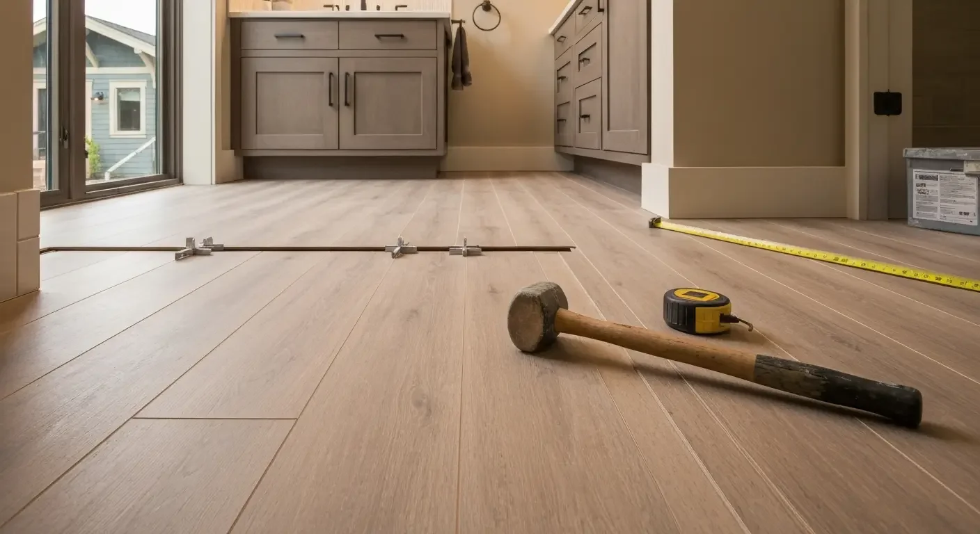 Luxury vinyl plank flooring installation in progress with measuring tools and mallet on light wood-look floor