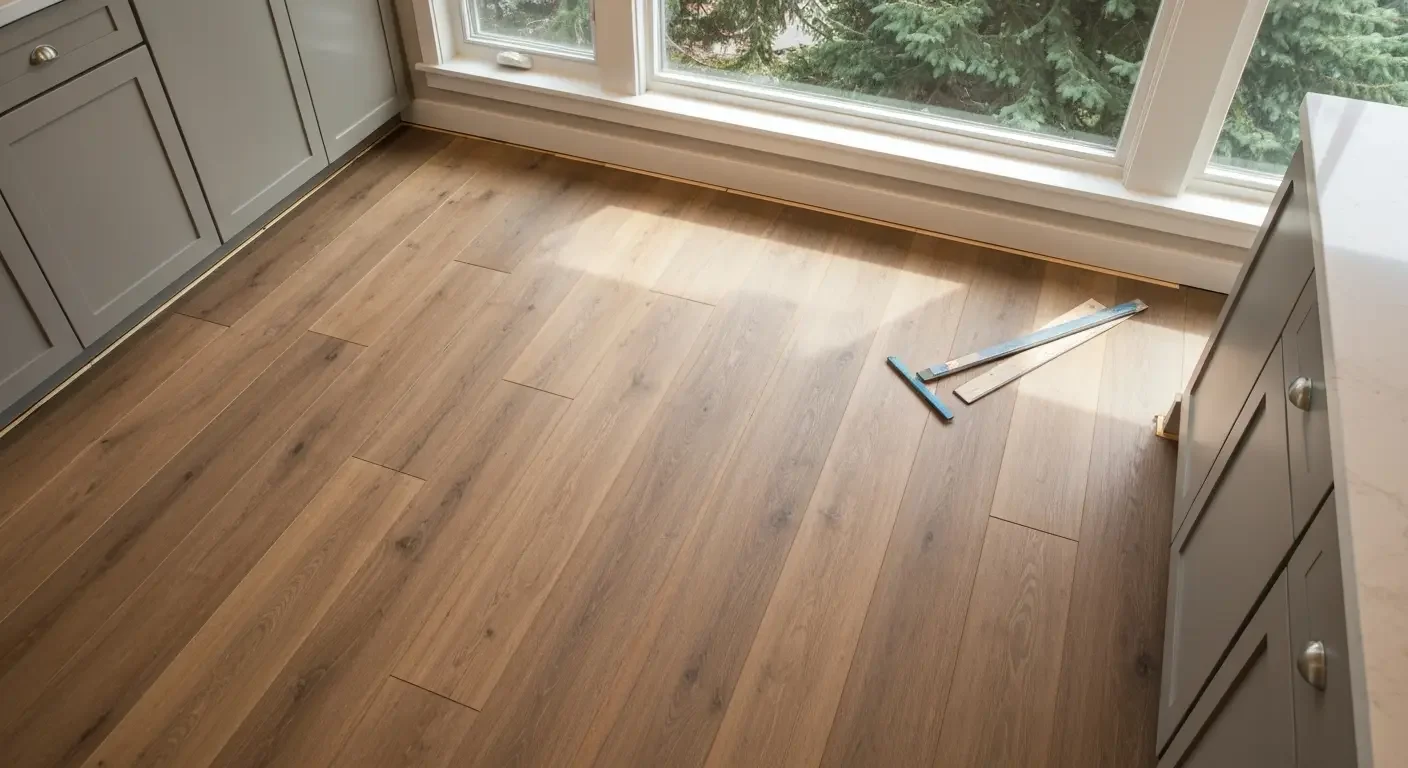 Wide-plank hardwood flooring installed in kitchen with staggered plank pattern and natural wood grain