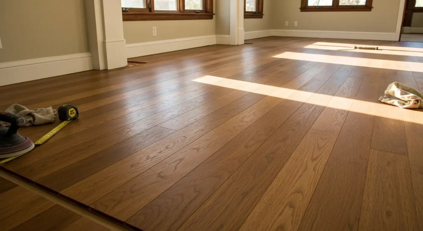 Medium-tone hardwood flooring installation in progress with protective covering and installation tools visible