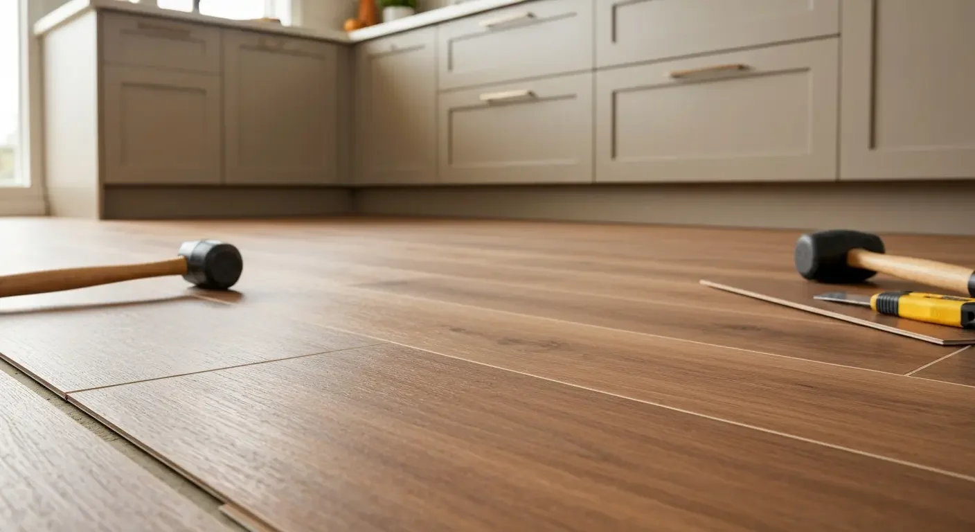 Wide-plank hardwood flooring installation in progress with installation tools on wood floor