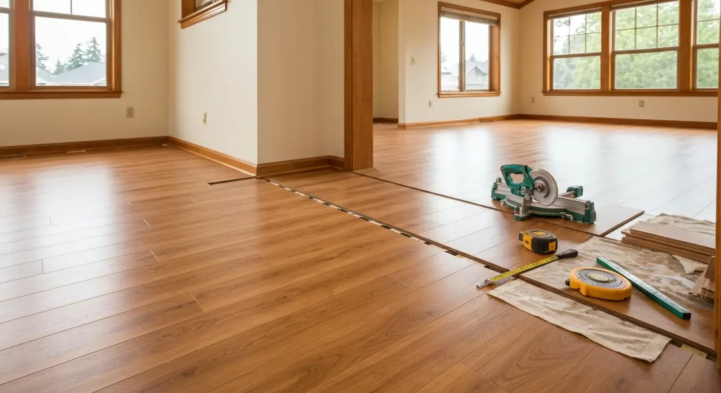 Hardwood flooring installation in progress with tools and materials on finished wood floors