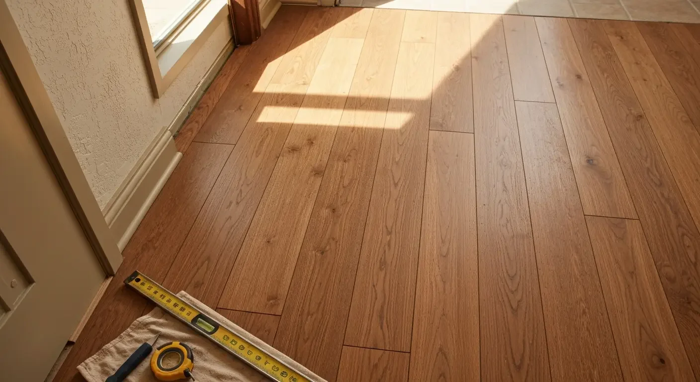 Newly installed laminate flooring with wood grain pattern and level measurement tools visible
