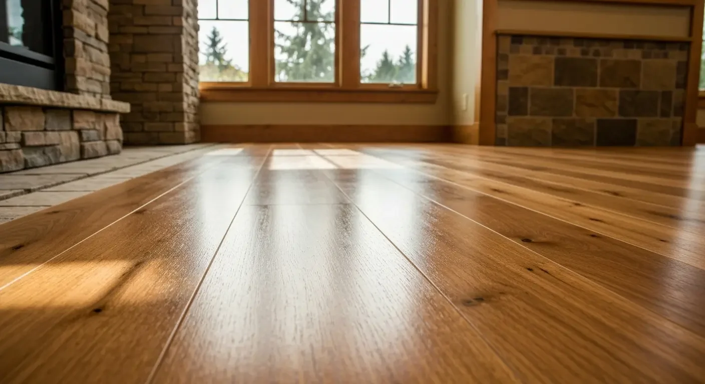 Wide-plank hardwood flooring with glossy finish in open room with stone fireplace and large windows