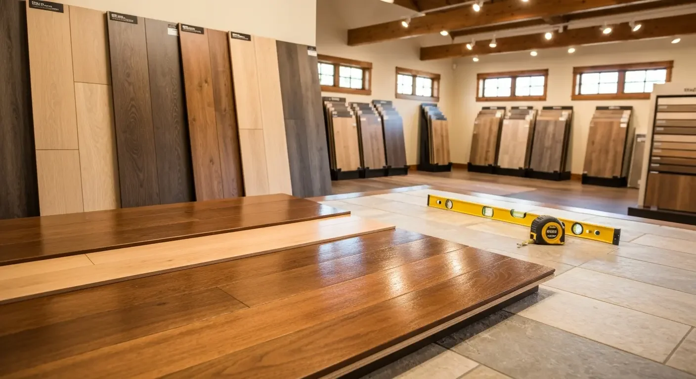 Hardwood and tile flooring samples installed in showroom with display stands and level tool