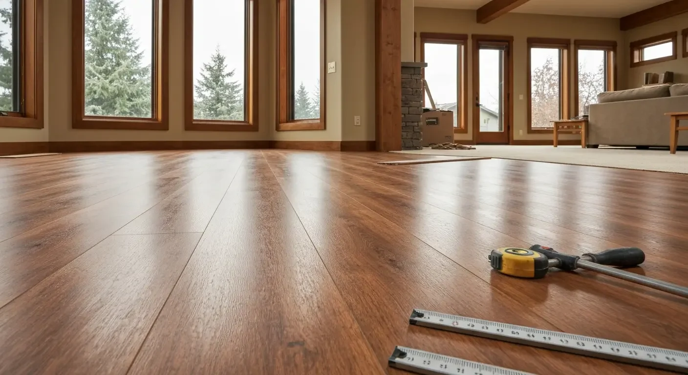 Newly installed hardwood flooring with medium-brown finish in open room with wood-framed windows