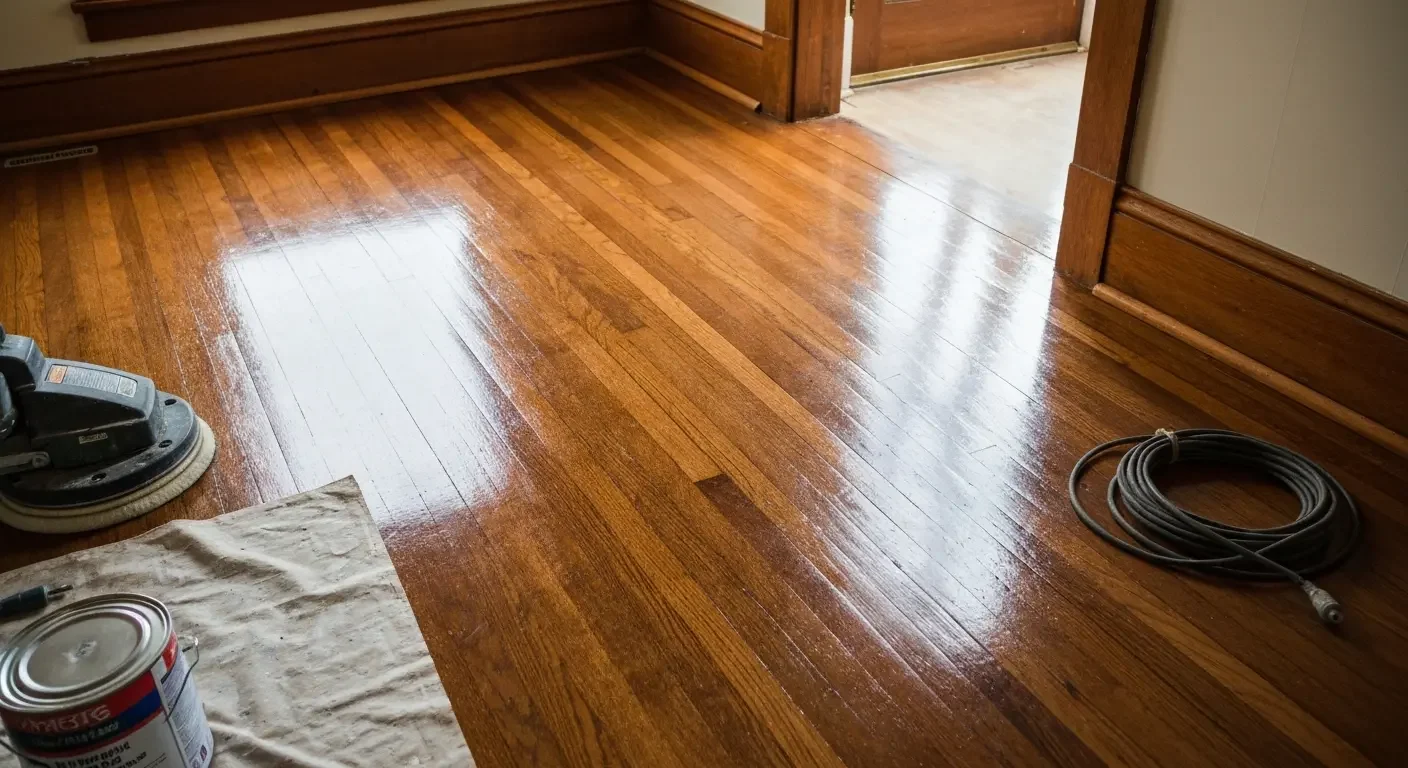 Refinished hardwood floor with glossy polyurethane finish and wood grain detail