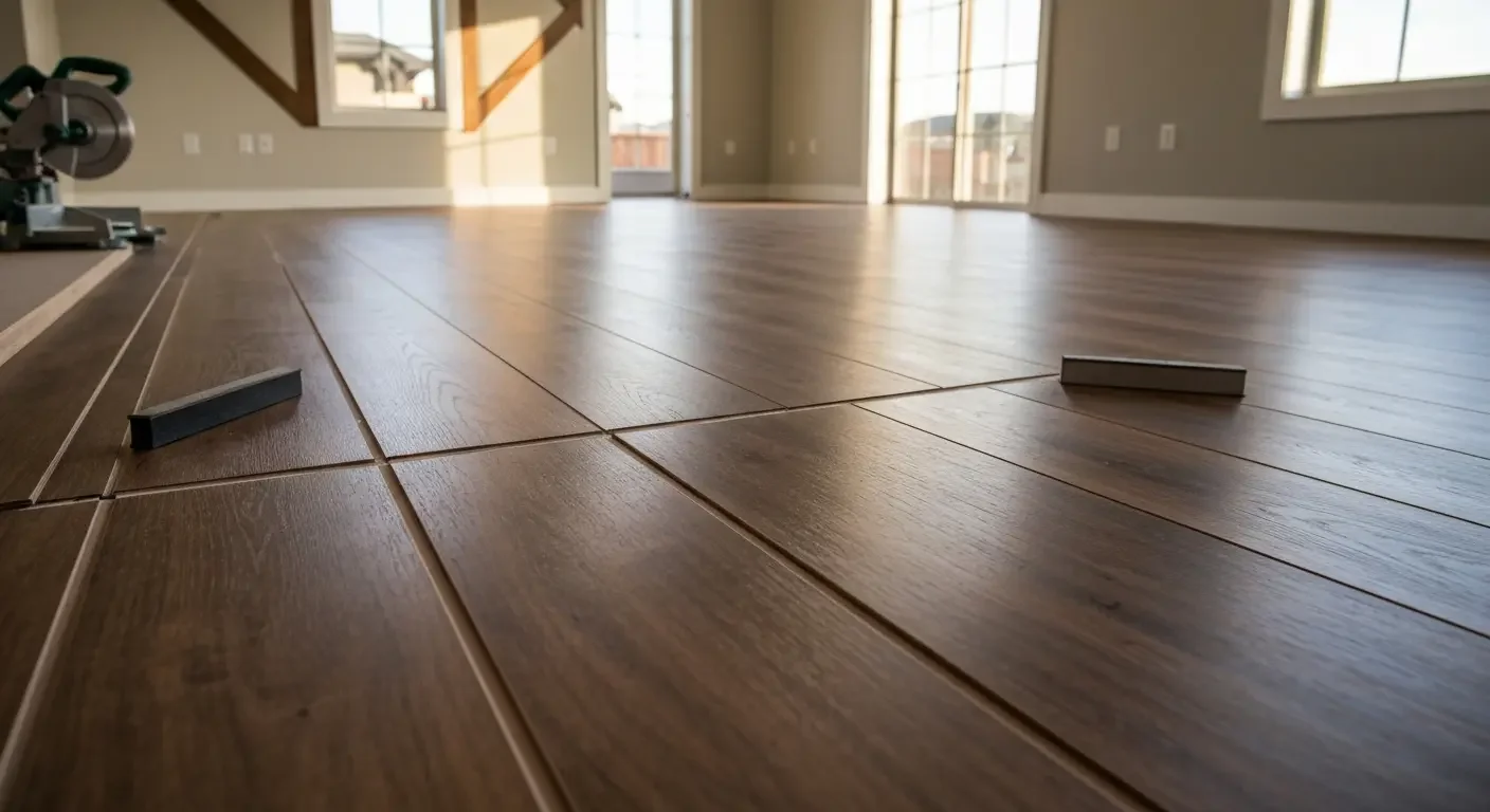Wide-plank hardwood flooring with V-groove detail and hand-scraped finish in open living space