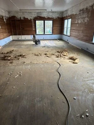Empty room with exposed concrete subfloor, removed flooring debris, and electrical conduit