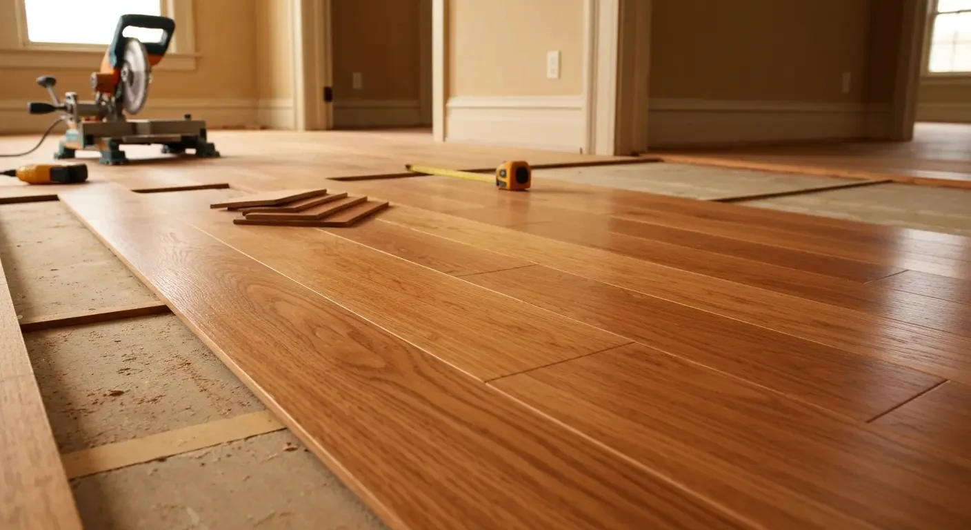 Engineered hardwood flooring installation in progress with planks laid out and miter saw setup