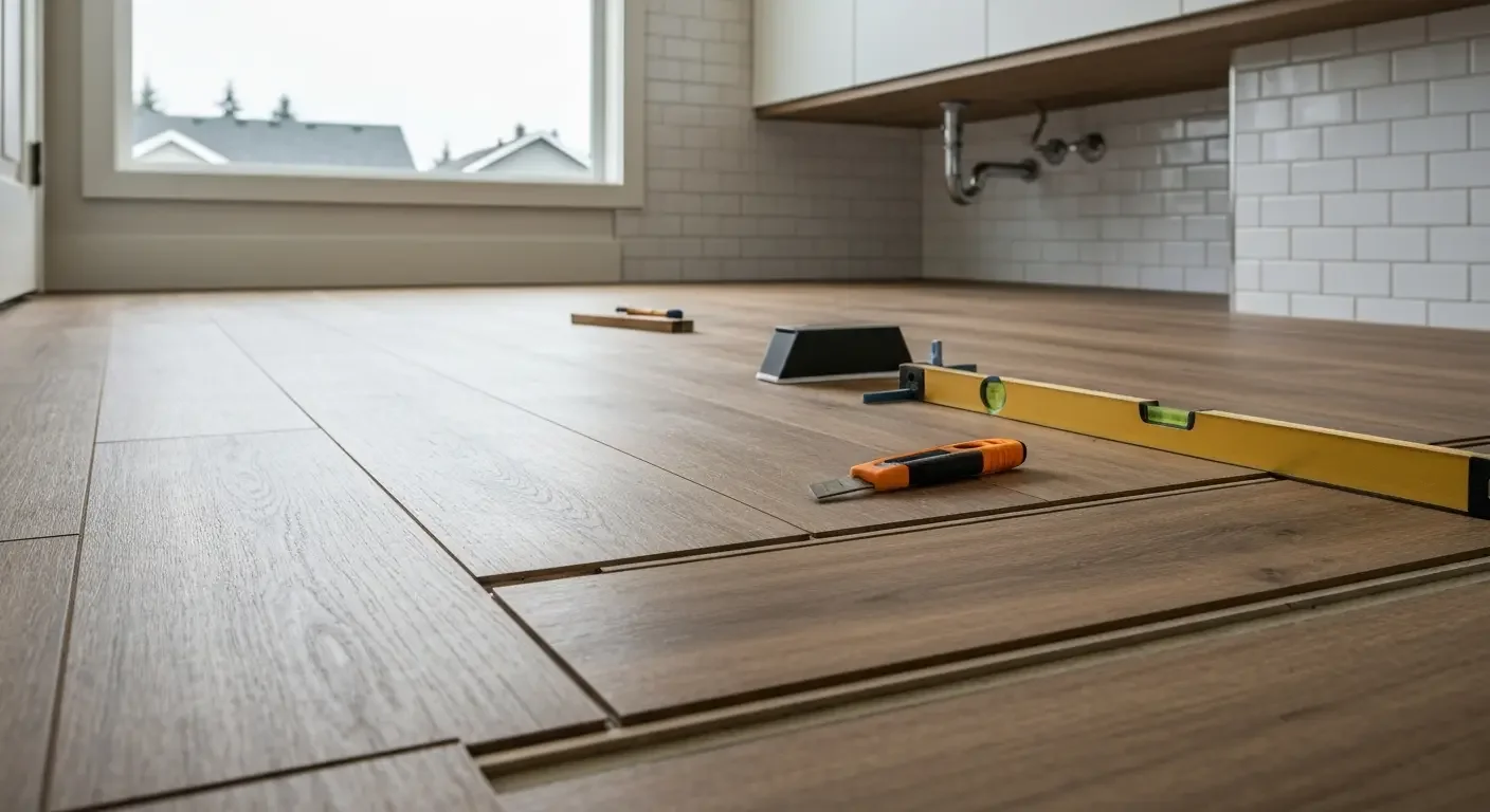 Luxury vinyl plank flooring installation in progress with tools and level on wood-tone planks