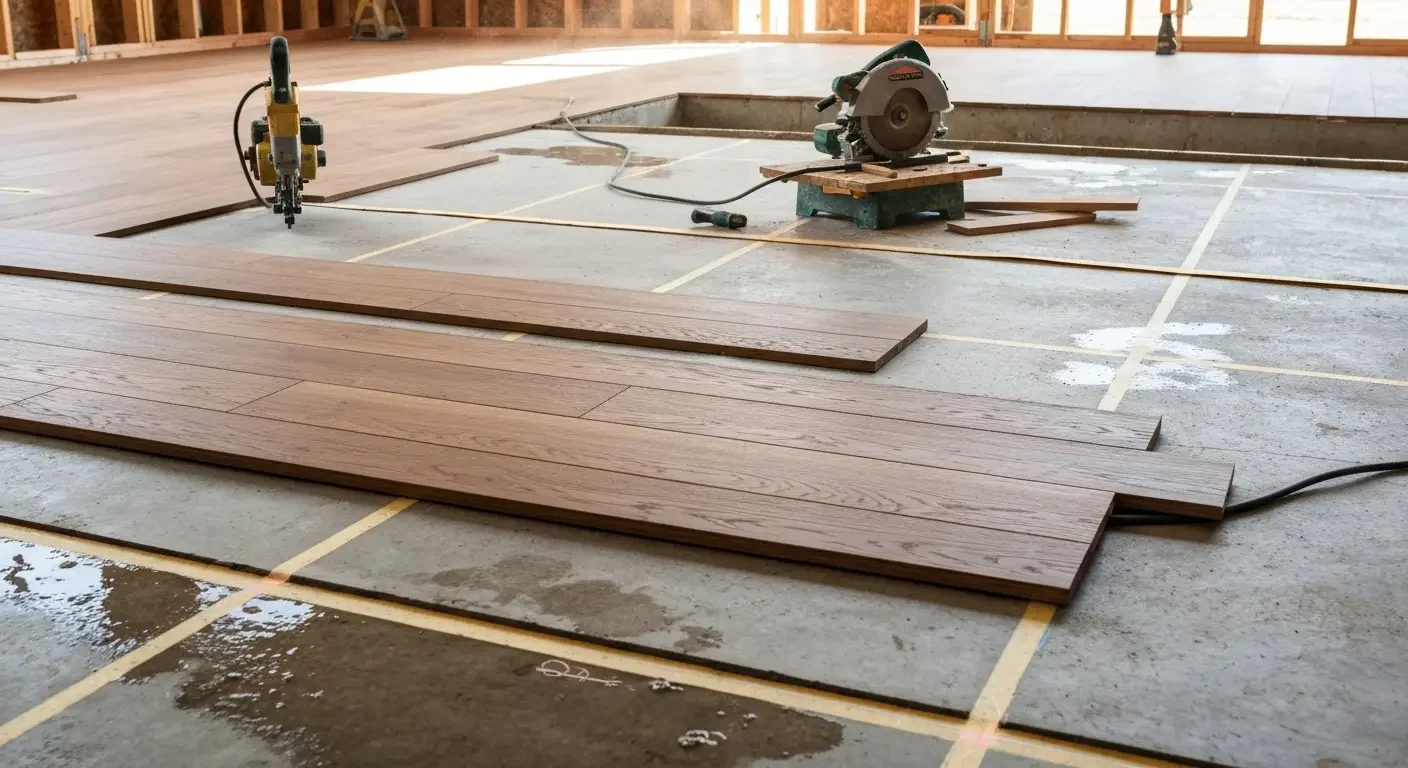 Engineered hardwood planks installed on concrete subfloor with layout lines and cutting tools