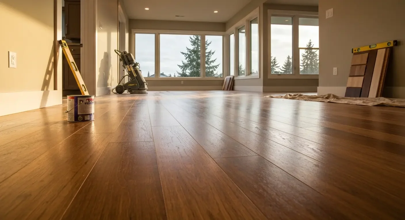 Newly finished hardwood floor with medium-dark stain in open living room with large windows
