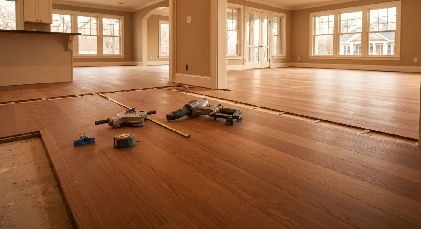 Hardwood flooring installation in progress with tools and warm wood tones throughout open living space