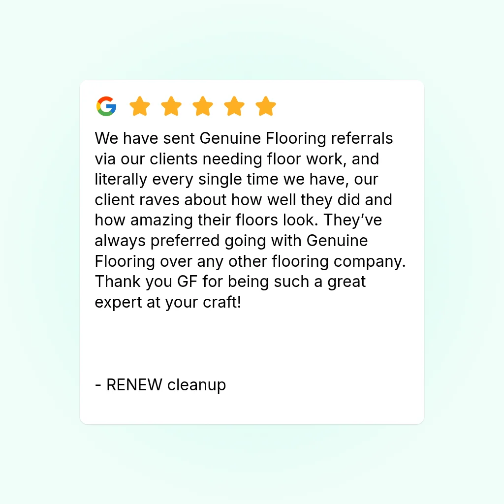 Five-star Google review praising flooring installation quality and client satisfaction