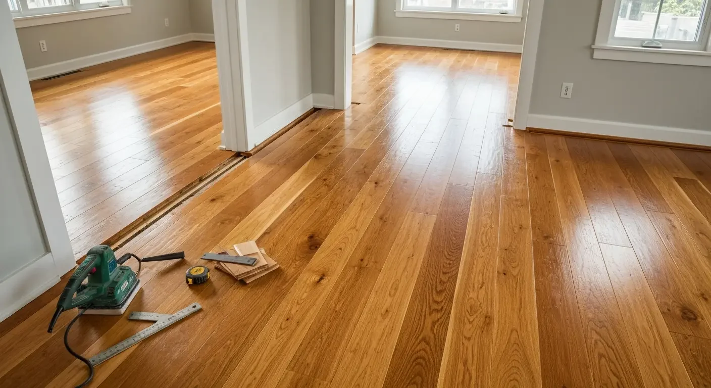 Newly installed and finished hardwood oak flooring with glossy finish in open living area