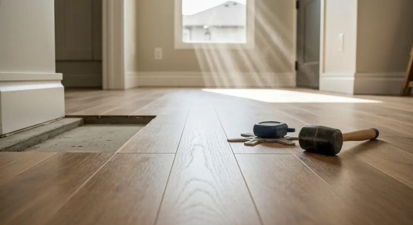 Wide-plank hardwood flooring installation with installation tools on completed floor