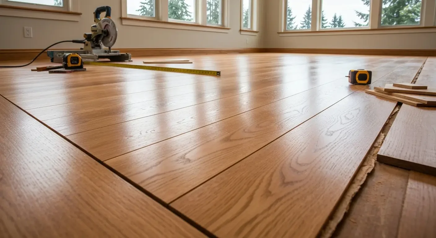 Solid hardwood floor installation with wood planks and trim in residential room