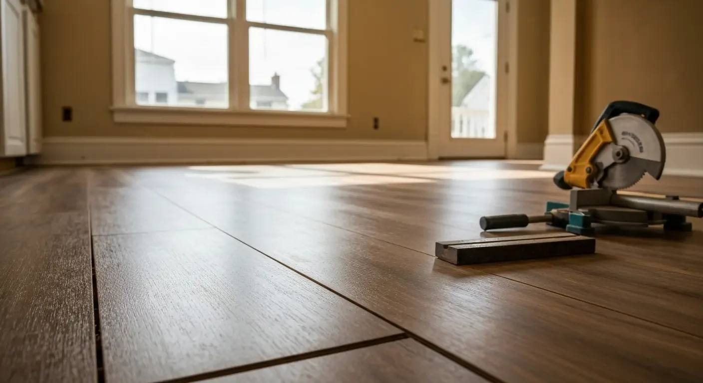 Medium-tone hardwood flooring with clean seams, miter saw and installation tools on wooden floor