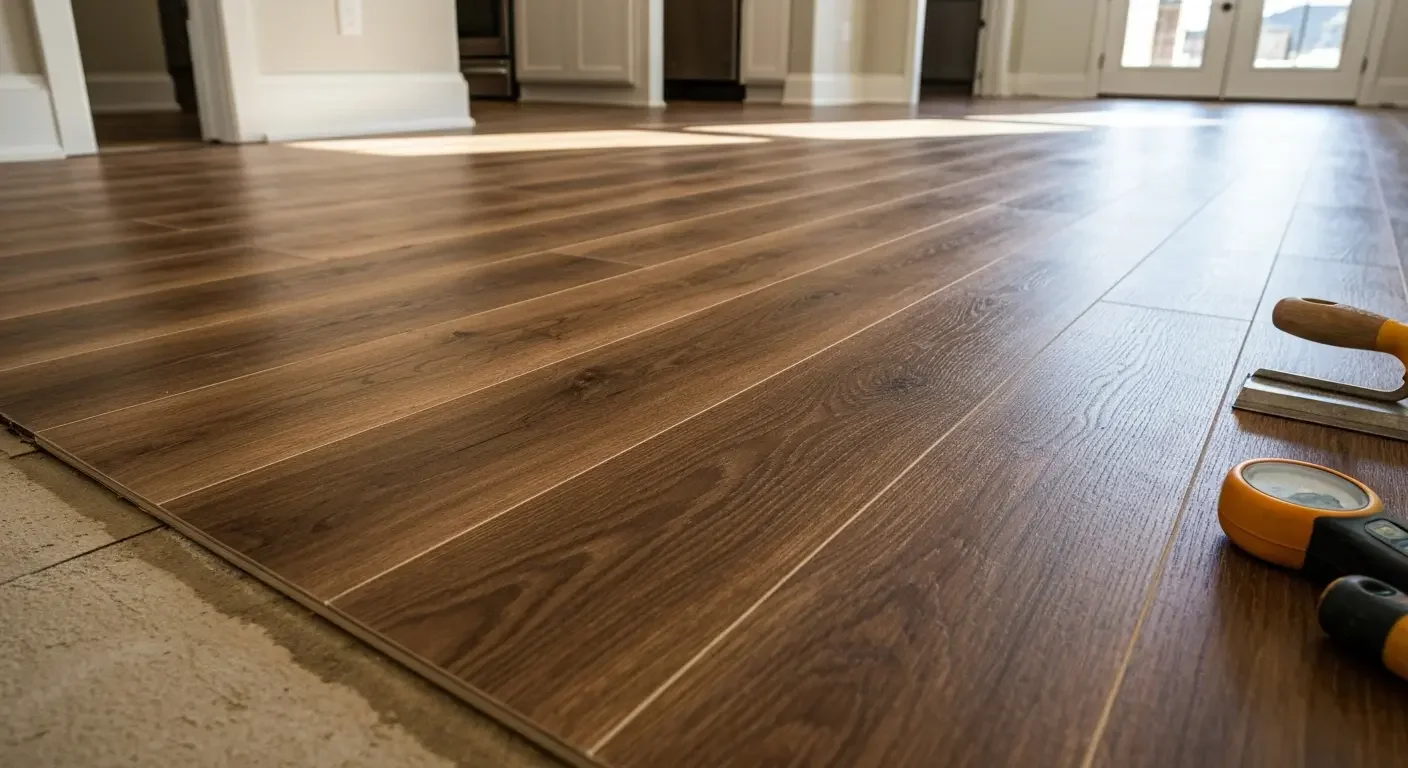 Luxury vinyl plank flooring with wood-grain finish installed in open room with white trim