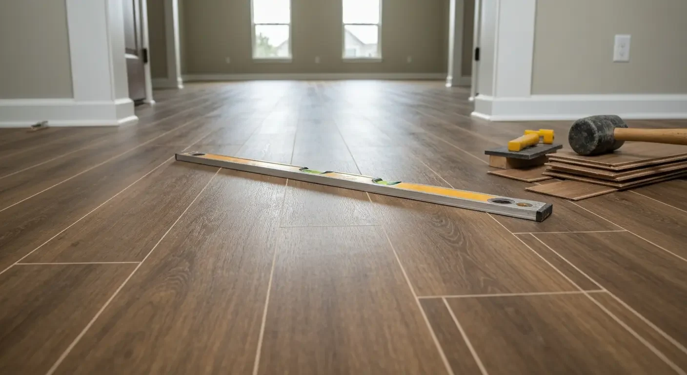 Luxury vinyl plank flooring installation with wood-grain pattern, level and installation tools on site