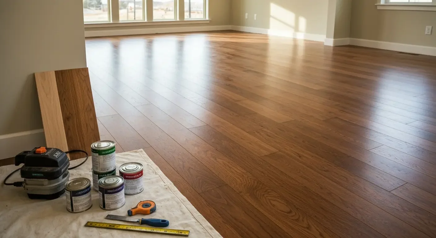 Hardwood floor installation with stain cans, sander, and finishing tools on drop cloth