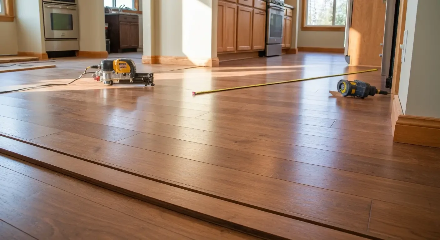 Hardwood floor installation in progress with wood planks and professional measuring tools