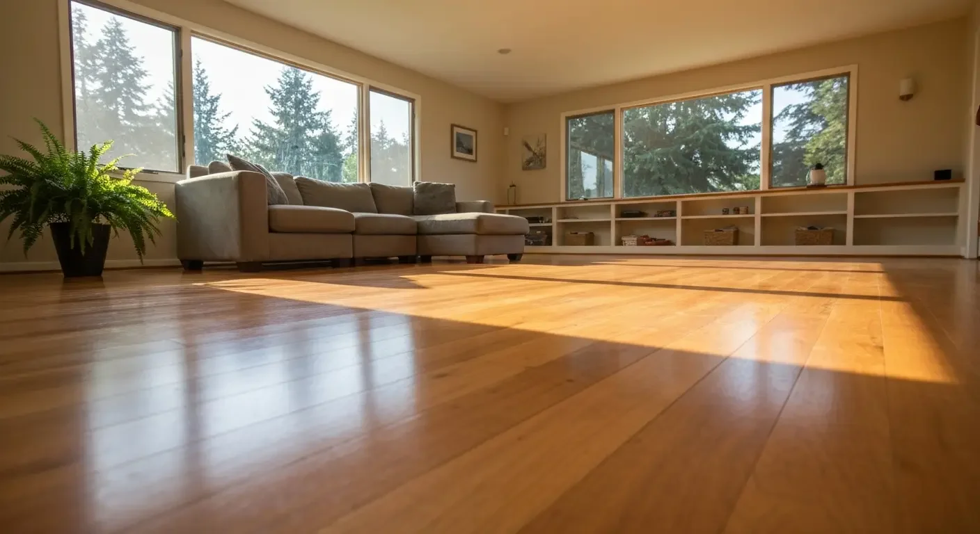 Polished hardwood flooring in open living room with built-in shelving and large windows