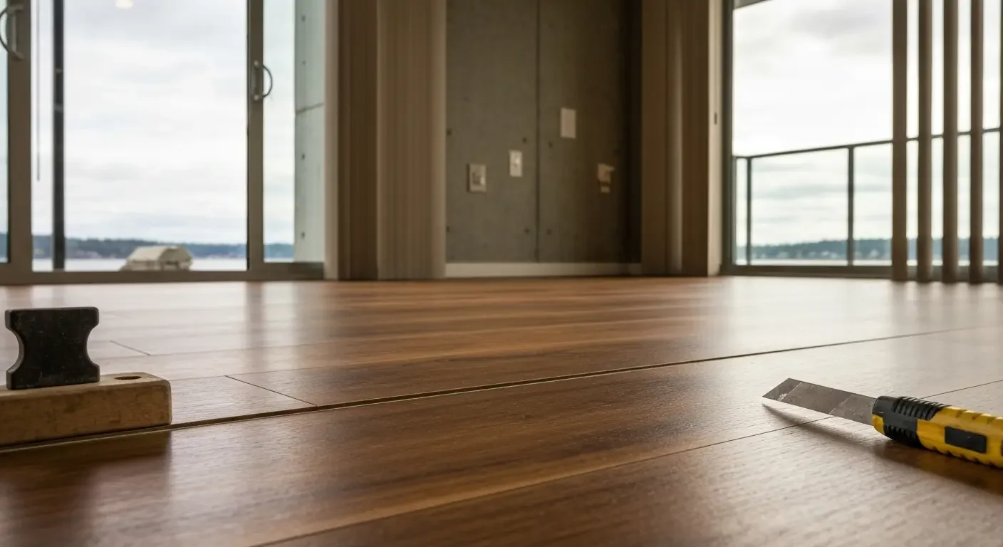 Hardwood flooring installation with warm wood tones and clean seams in open residential space