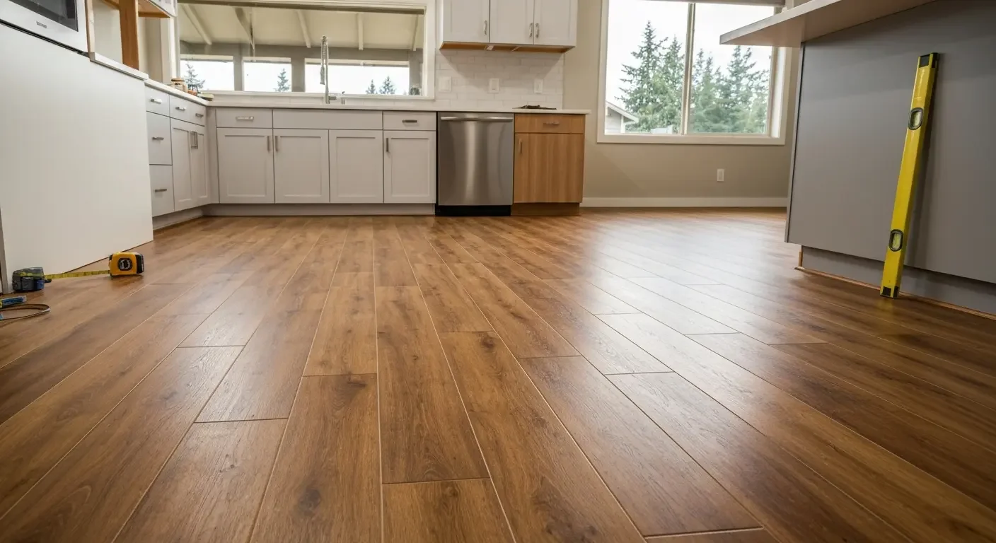 Wide-plank laminate flooring in warm wood tone installed in kitchen with white cabinetry and stainless steel appliances