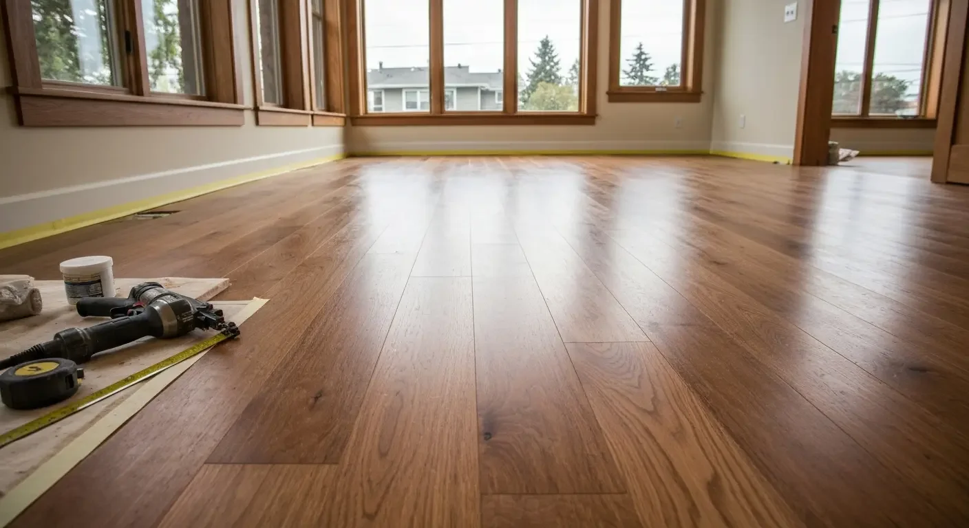 Engineered hardwood flooring installation with medium-brown planks, yellow protective tape, and installation tools