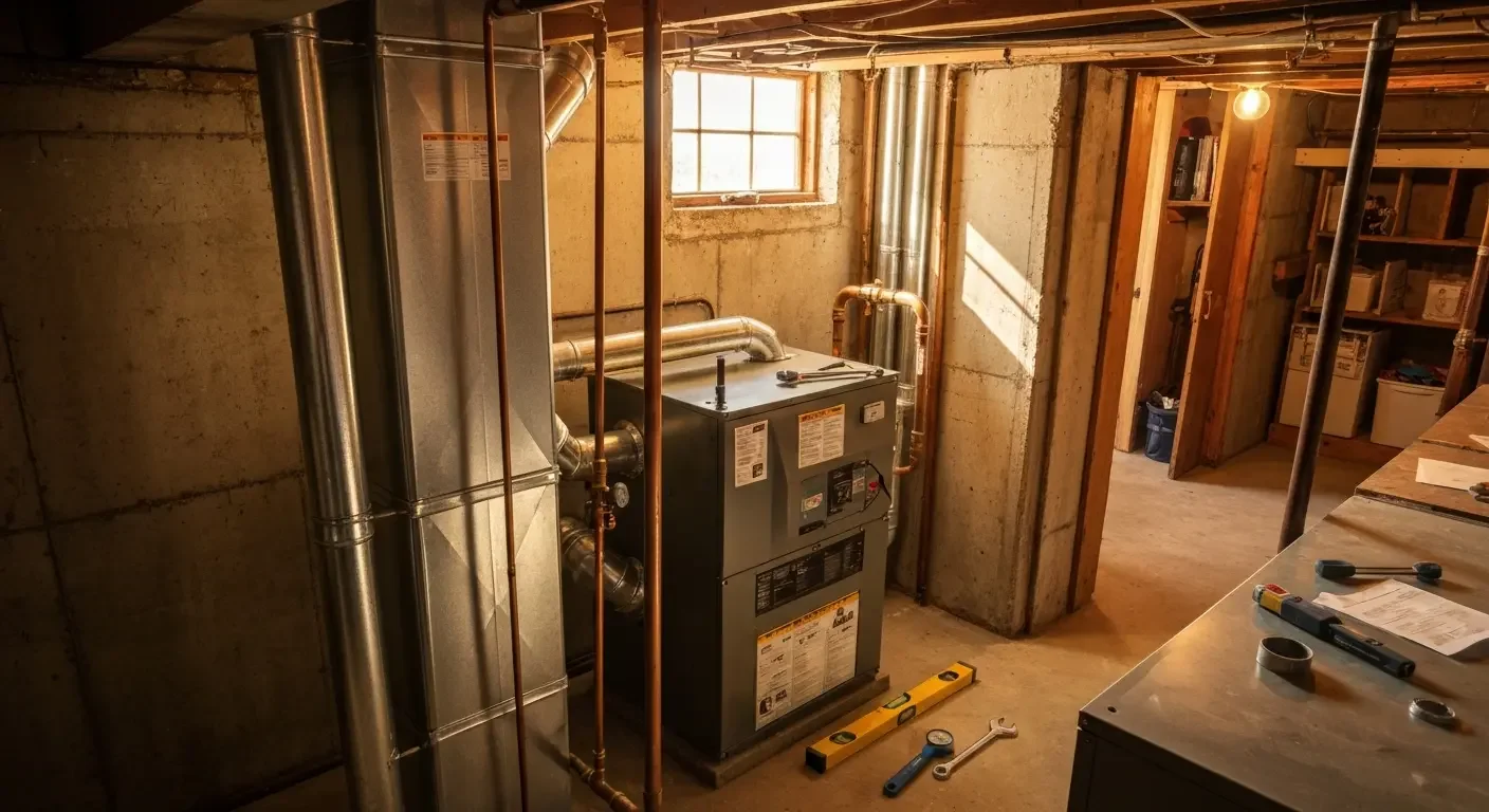 Basement furnace installation with metal ductwork, copper piping, and framed walls