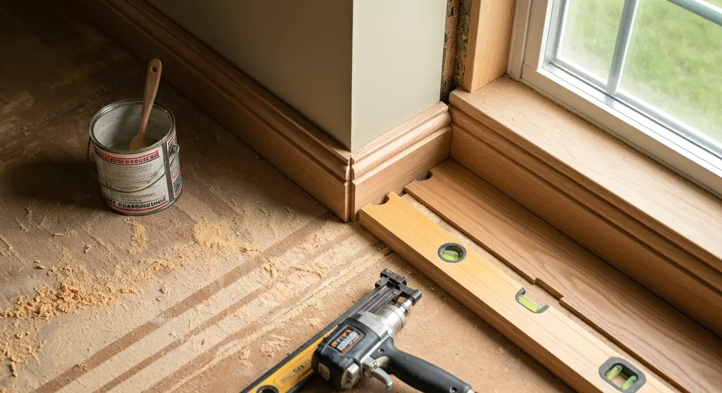 Wood window sill and trim installation with level and finishing tools on subfloor