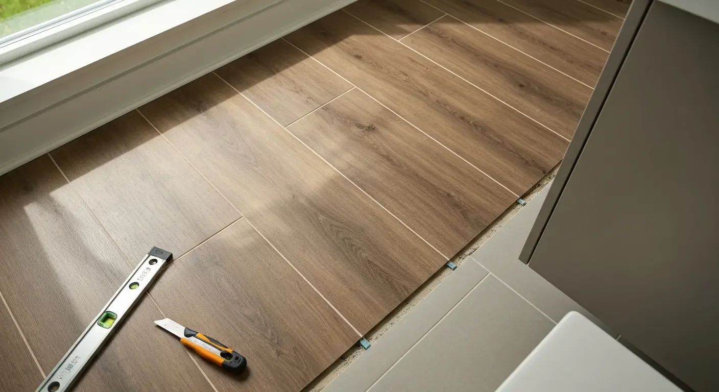 Luxury vinyl plank flooring installation with wood grain texture and white trim transition
