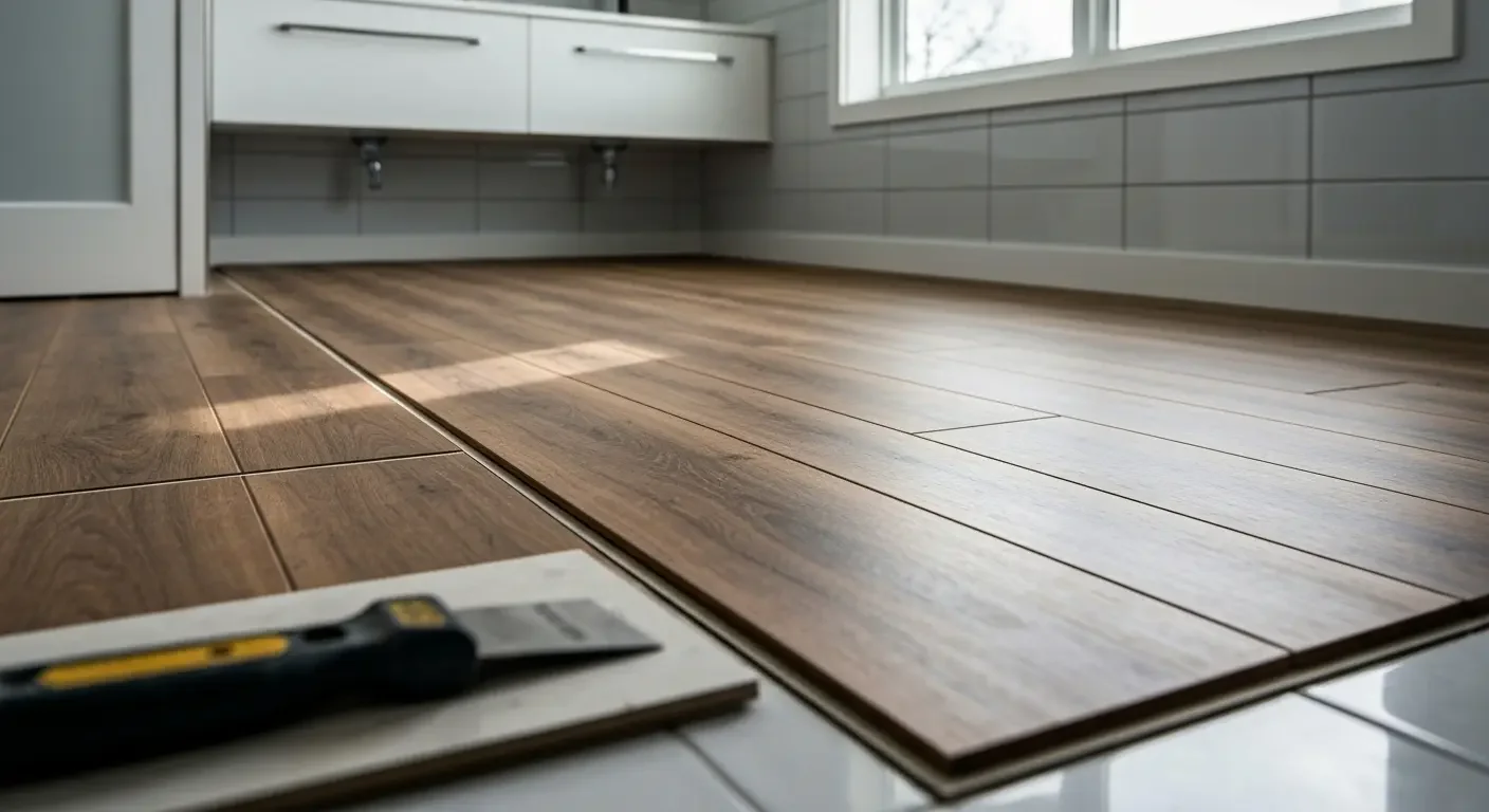 Wood-look laminate flooring installation in progress with measurement tools visible