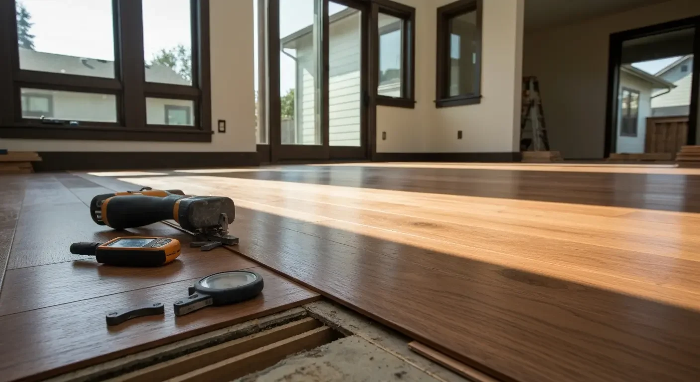 Hardwood flooring installation in progress with measurement tools on dark wood floor
