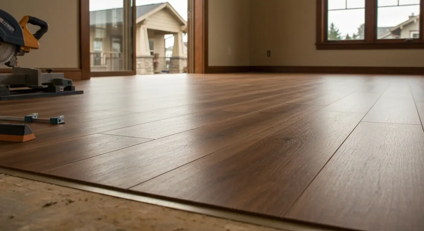 Engineered hardwood flooring installation in open room with plank layout and professional finish