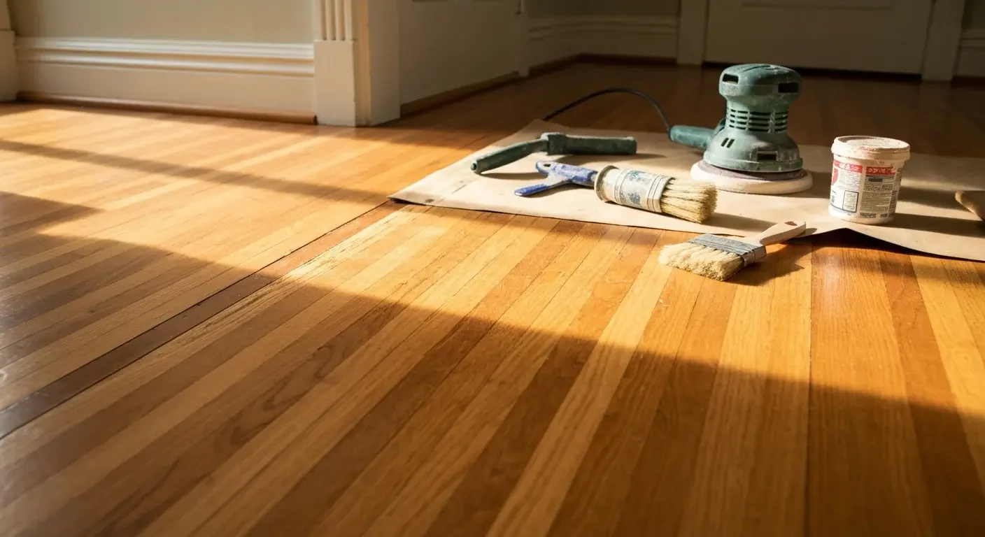 Hardwood floor refinishing with orbital sander, stain, and finishing brushes on light wood flooring