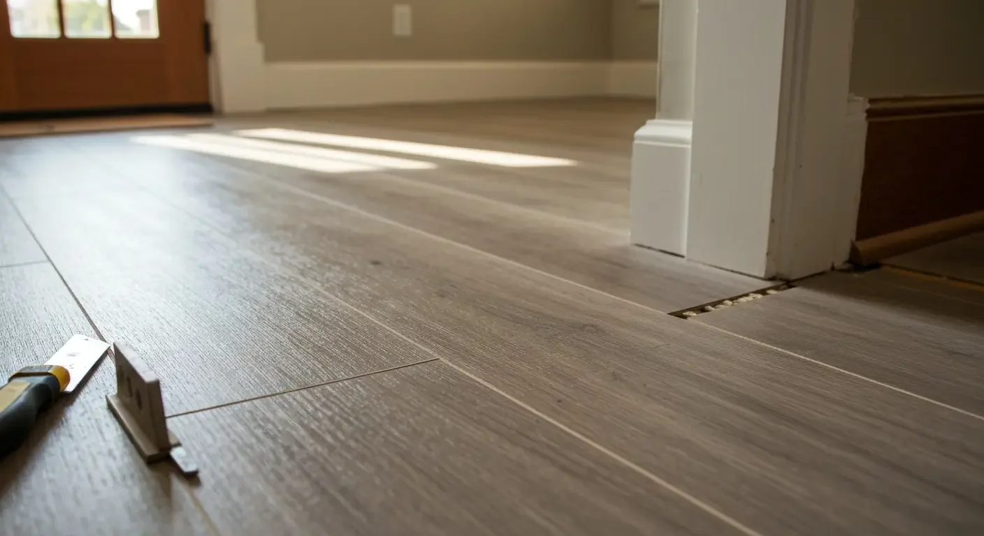 Engineered wood flooring installation with gray finish and white trim in open floor plan