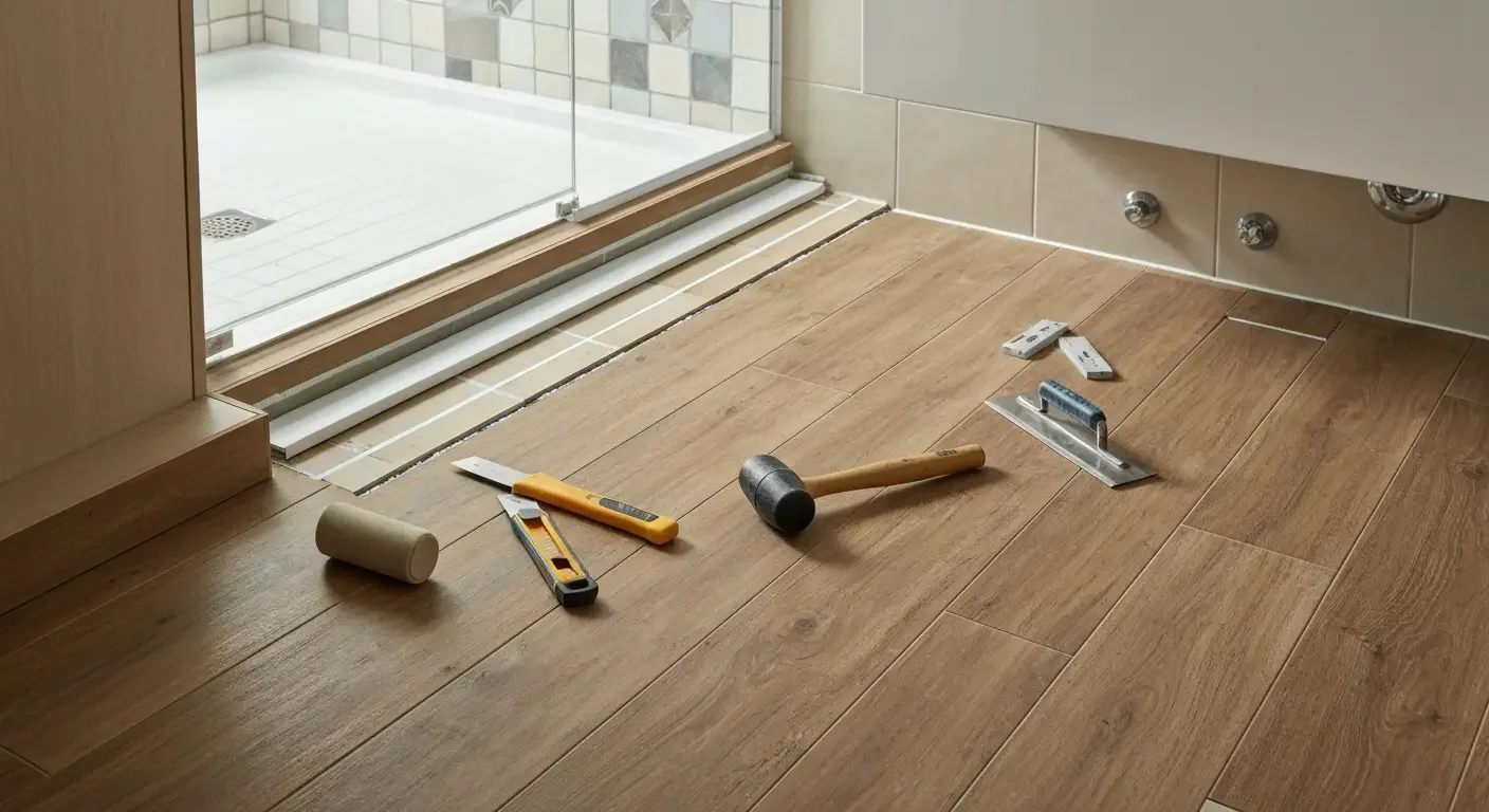Wood plank flooring installation in bathroom with tools and materials visible on floor