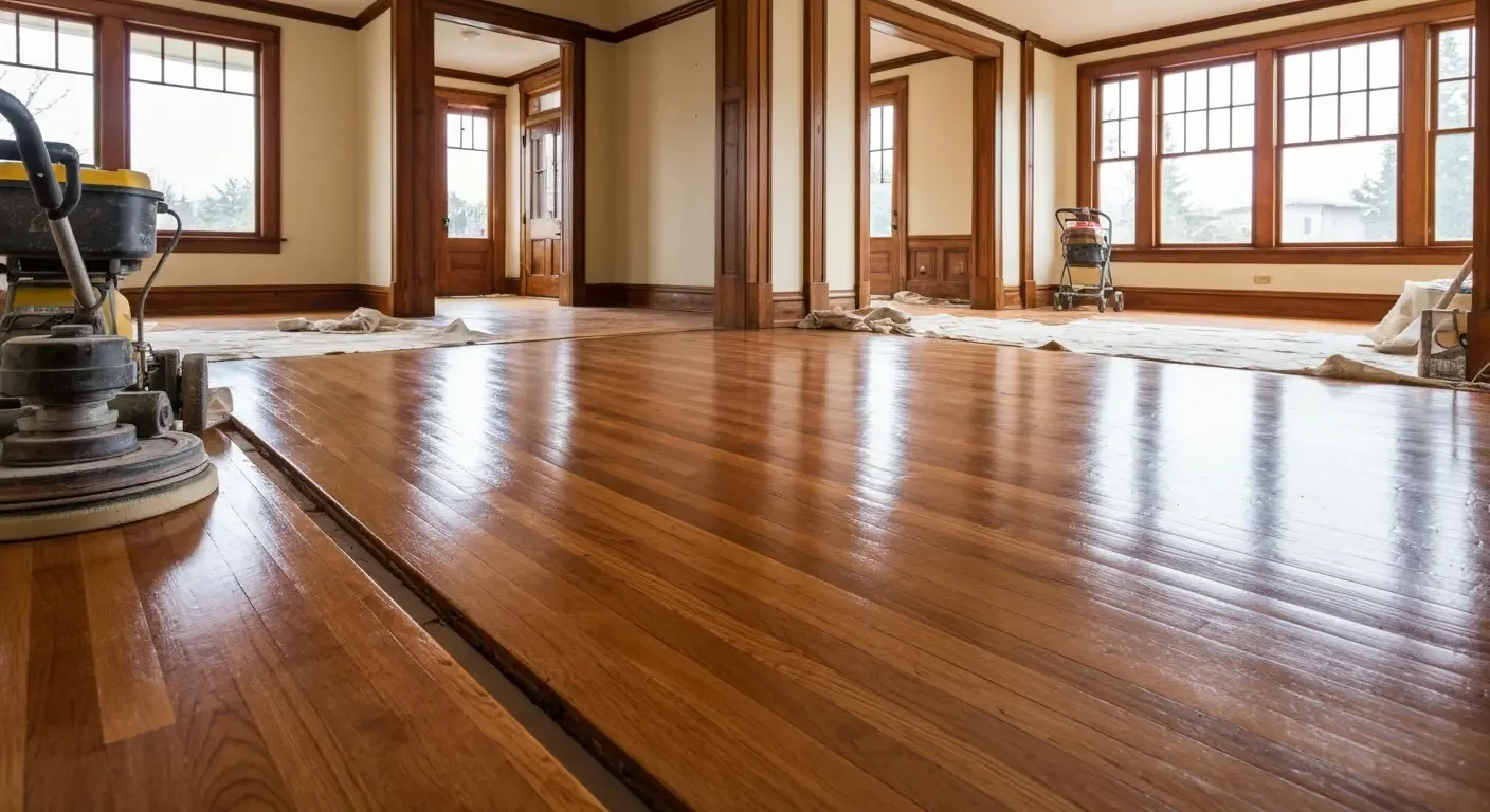 Refinished hardwood floors with high-gloss finish, wood trim framing, and sanding equipment visible