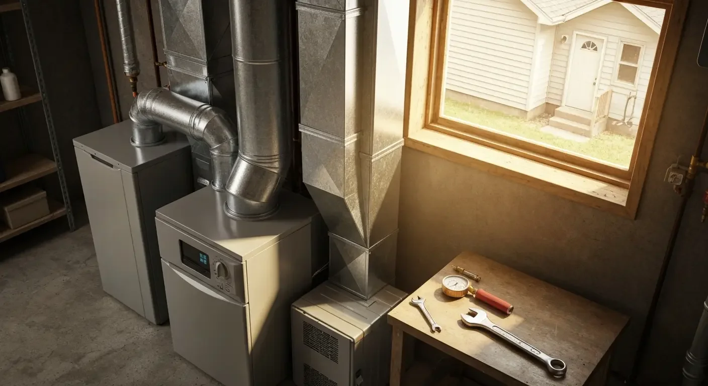 Galvanized steel HVAC ductwork and furnace unit installation with metal supports and digital controls