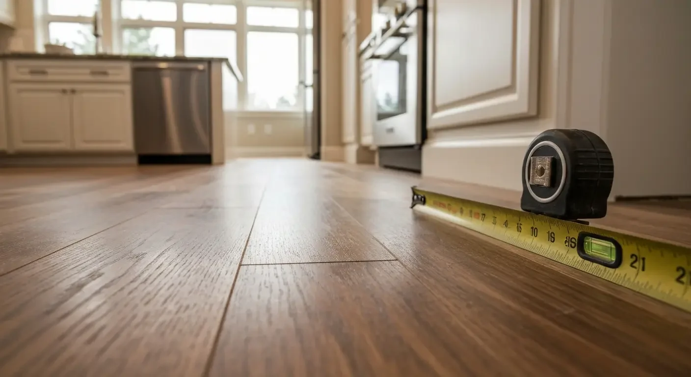 Medium-tone hardwood flooring with clean plank lines and grout in open kitchen space