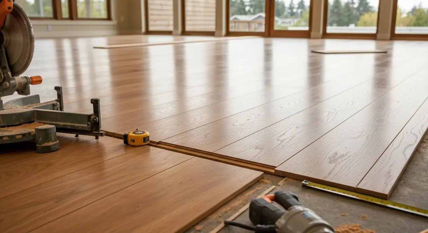 Hardwood flooring installation in progress with light wood planks and professional tools