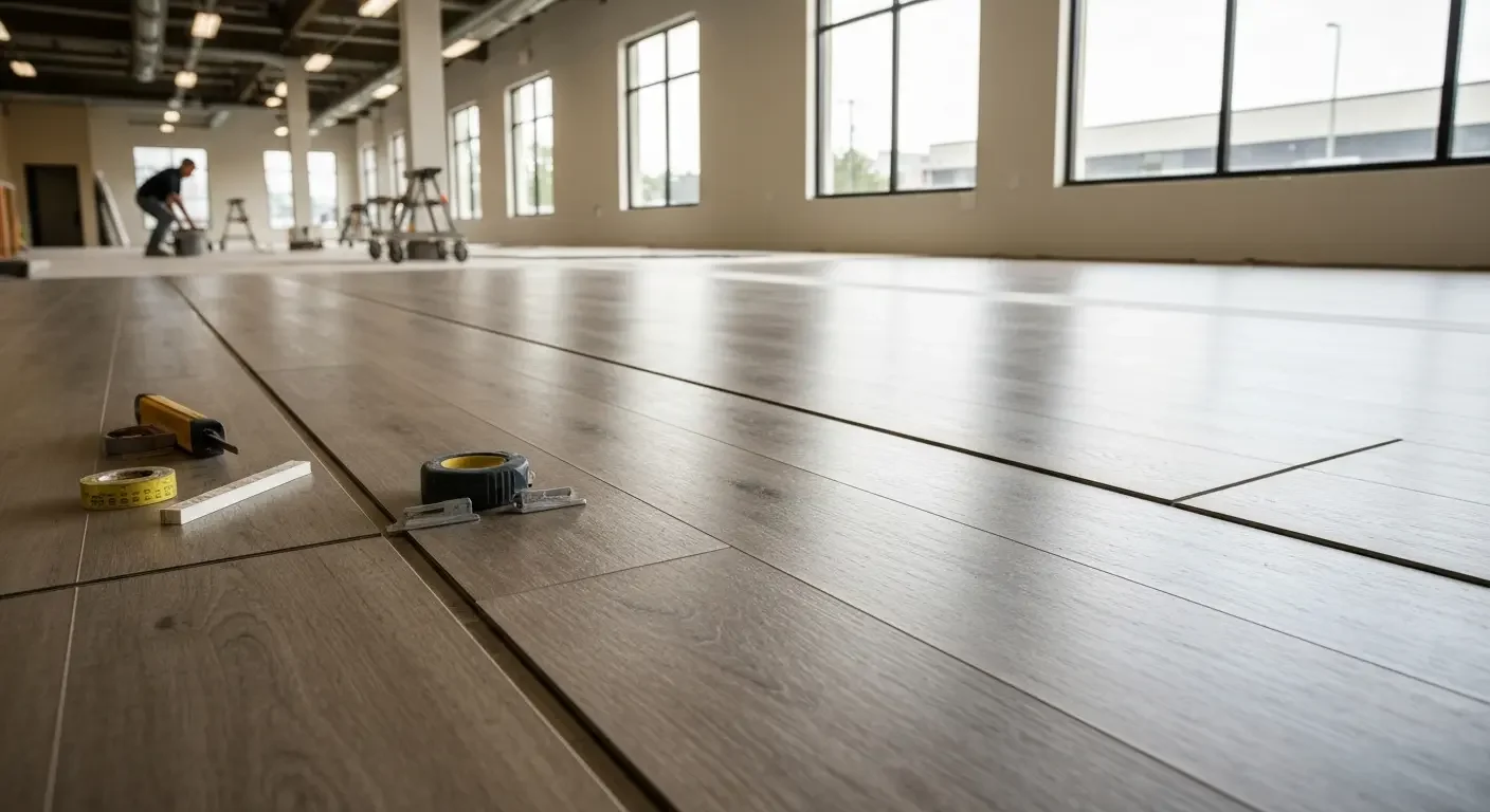 Wide-plank engineered wood flooring installation in commercial space with measuring tape and installation tools